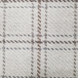 Wool broadloom carpet swatch in houndstooth plaid in shades of cream, gray and brown.
