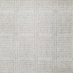 Wool broadloom carpet swatch in a plaid print in shades of light gray and cream.