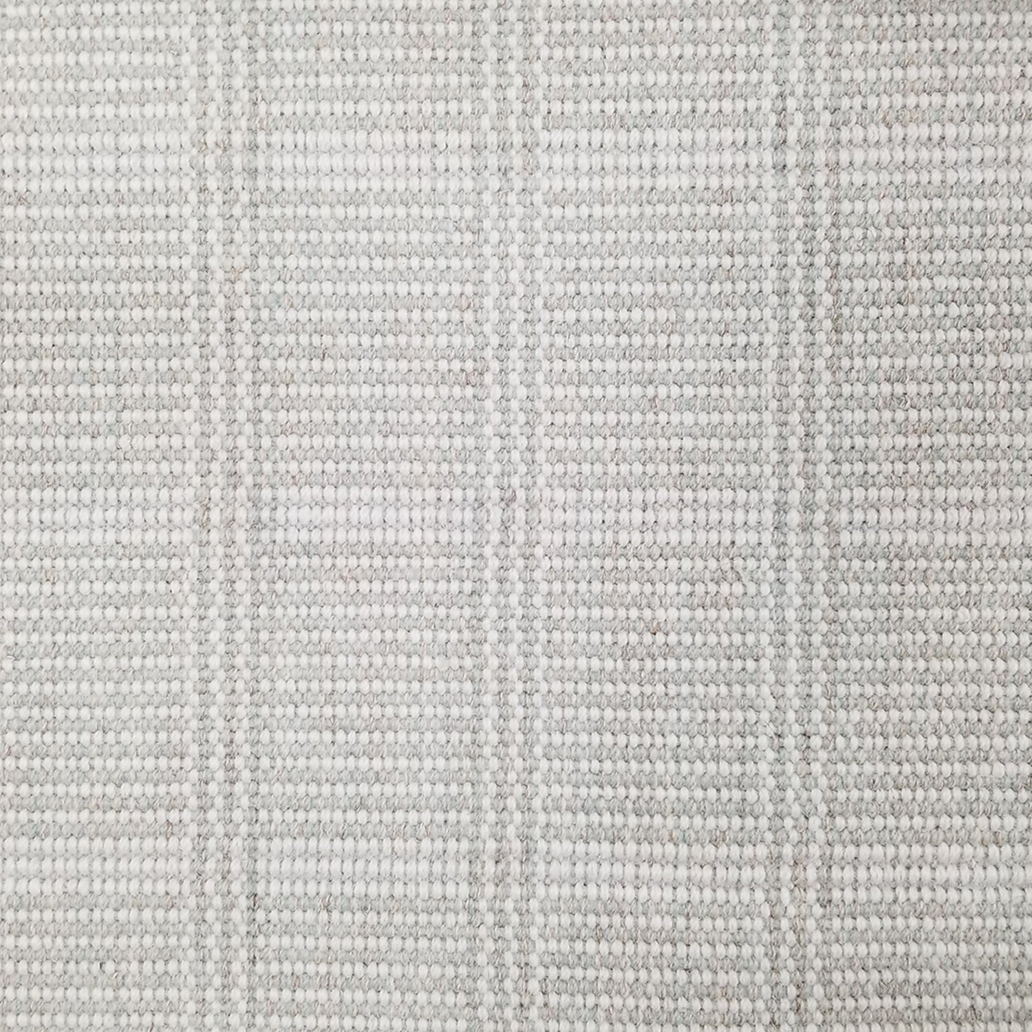 Wool broadloom carpet swatch in a plaid print in shades of light olive, gray and cream.