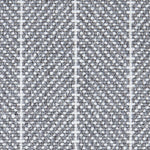 Wool broadloom carpet swatch in a woven chevron pattern in gray and white with white accent stripes.