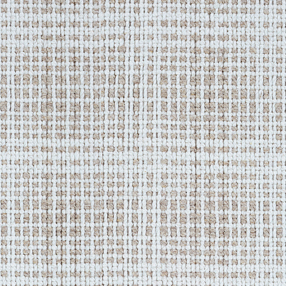 Wool broadloom carpet swatch in a woven plaid pattern in cream and tan.