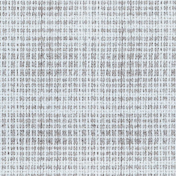 Wool broadloom carpet swatch in a woven plaid pattern in silver and gray.