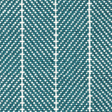 Wool broadloom carpet swatch in a herringbone stripe in cyan and cream.