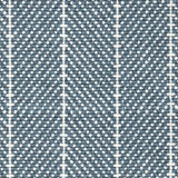 Wool broadloom carpet swatch in a herringbone stripe in gray-blue and white.