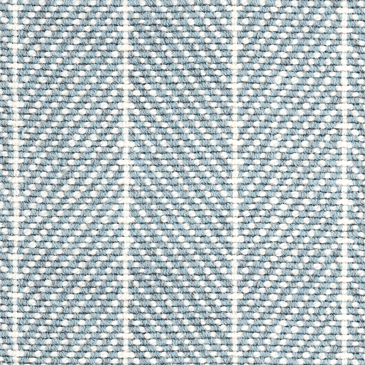 Wool broadloom carpet swatch in a herringbone stripe in light blue and white.