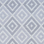 Wool broadloom carpet swatch in a geometric diamond weave in gray-blue and white.