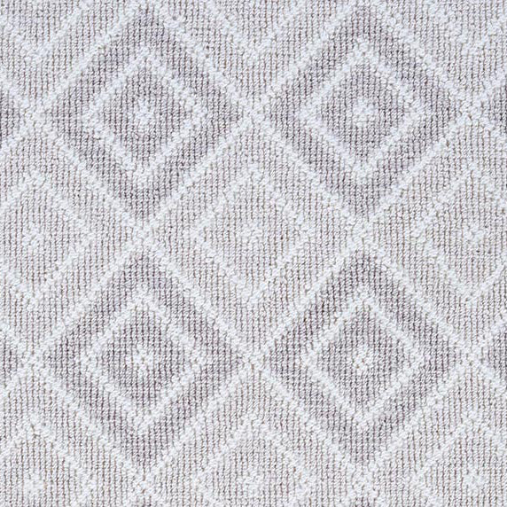 Wool broadloom carpet swatch in a geometric diamond weave in gray and white.