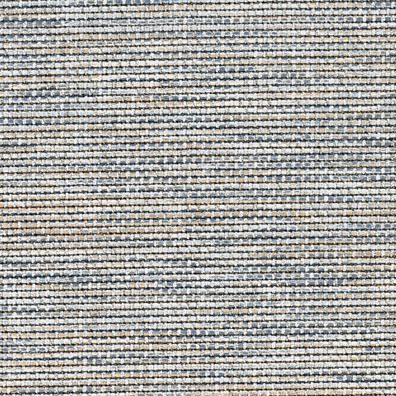 Outdoor broadloom carpet swatch in a mottled stripe weave in shades of cream, blue and tan.