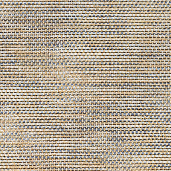 Outdoor broadloom carpet swatch in a mottled stripe weave in shades of tan, blue and beige.