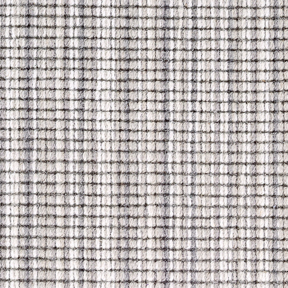 Wool broadloom carpet swatch in a multicolor stripe in shades of white, cream and gray.