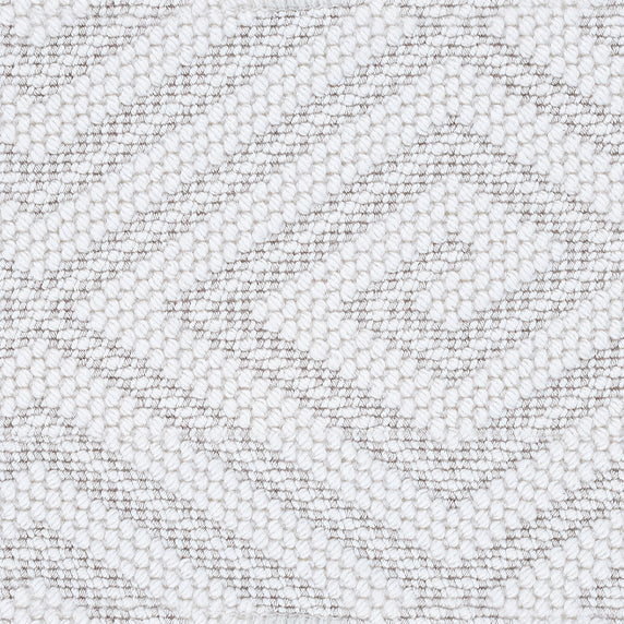 Wool broadloom carpet swatch in a geometric diamond weave in white with taupe accents.