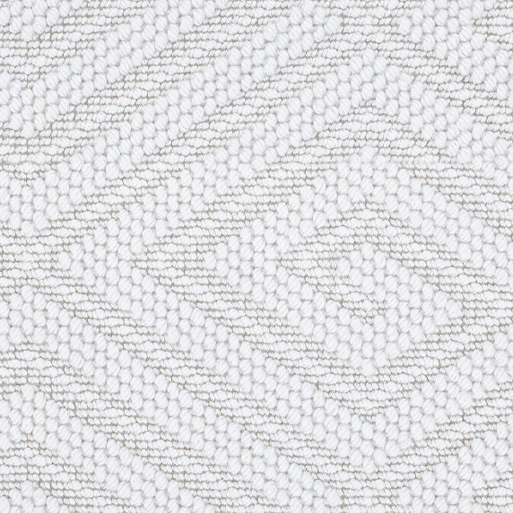 Wool broadloom carpet swatch in a geometric diamond weave in white with cream accents.