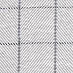 Outdoor broadloom carpet swatch in a plaid weave in shades of white, charcoal and gray.