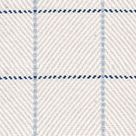 Outdoor broadloom carpet swatch in a plaid weave in shades of white, cream, blue and navy.