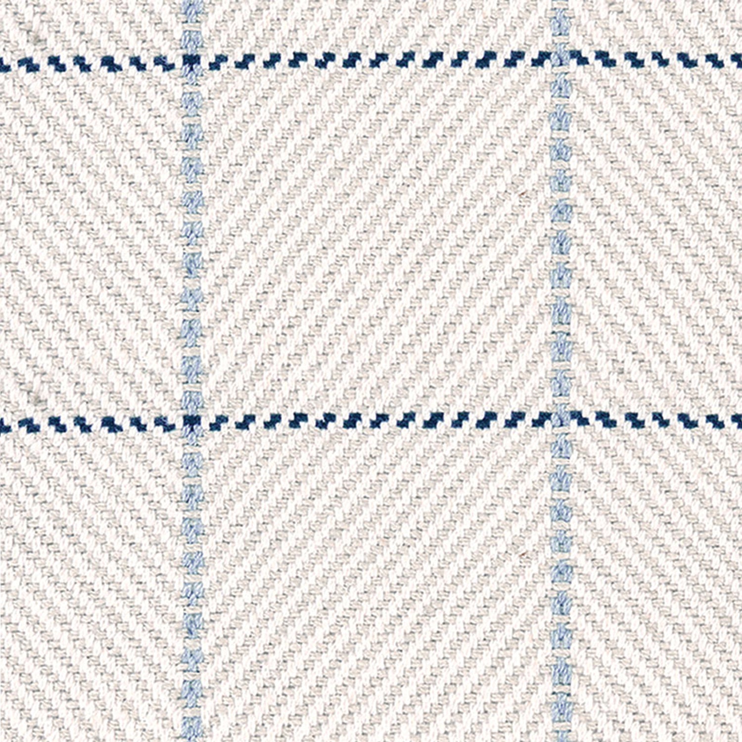 Outdoor broadloom carpet swatch in a plaid weave in shades of white, cream, blue and navy.