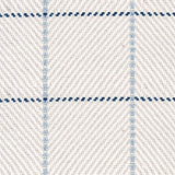 Outdoor broadloom carpet swatch in a plaid weave in shades of white, cream, blue and navy.