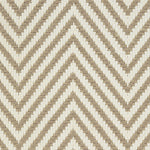 Outdoor broadloom carpet swatch in a herringbone weave in tan and cream.