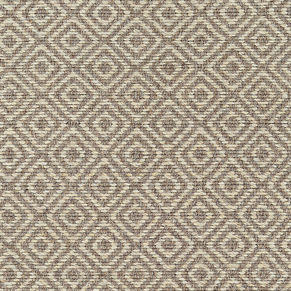 Wool broadloom carpet swatch in a woven diamond grid print in cream and brown.