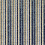 Wool broadloom carpet swatch in a thin stripe pattern in shades of cream, tan, blue and black.