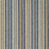 Wool broadloom carpet swatch in a thin stripe pattern in shades of cream, tan, blue and black.