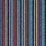 Wool broadloom carpet swatch in a thin stripe pattern in shades of blue, navy, cream and burgundy.