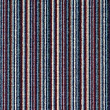 Wool broadloom carpet swatch in a thin stripe pattern in shades of blue, navy, cream and burgundy.