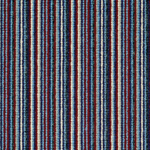 Wool broadloom carpet swatch in a thin stripe pattern in shades of blue, navy, cream and burgundy.
