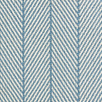 Outdoor broadloom carpet swatch in a striped herringbone weave in blue and white.