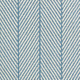 Outdoor broadloom carpet swatch in a striped herringbone weave in blue and white.