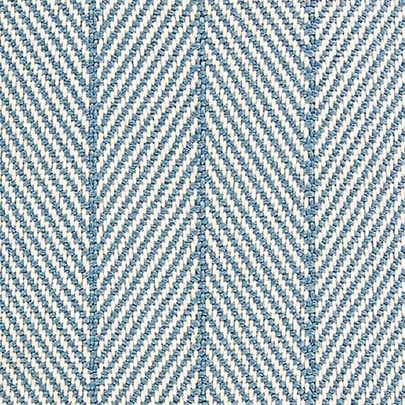 Outdoor broadloom carpet swatch in a striped herringbone weave in blue and white.