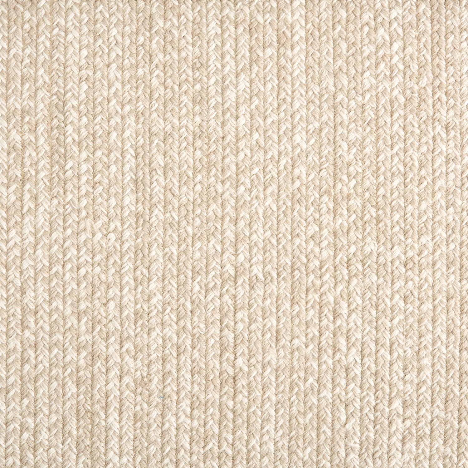 Outdoor broadloom carpet swatch in a chunky ribbed weave in mottled cream and tan.