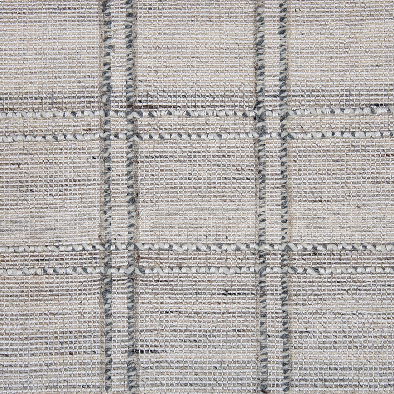 Wool-blend broadloom carpet swatch in a plaid tweed weave in cream and silver.