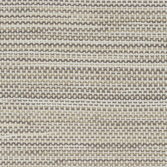 Outdoor broadloom carpet swatch in a multicolor weave in shades of cream, tan and brown.