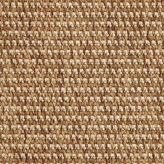 Outdoor broadloom carpet swatch in a textured linear weave in shades of cream and tan.