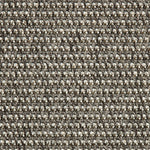 Outdoor broadloom carpet swatch in a textured linear weave in shades of cream and charcoal.