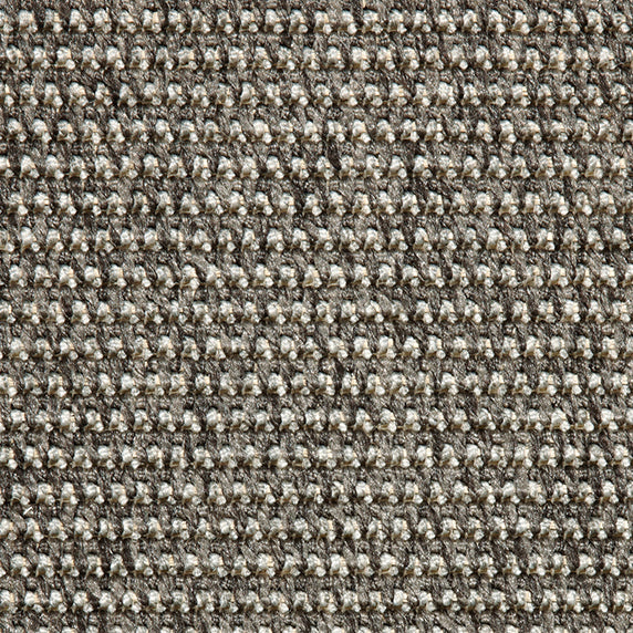 Outdoor broadloom carpet swatch in a textured linear weave in shades of cream and charcoal.