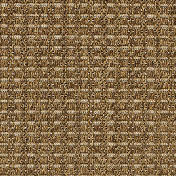 Outdoor broadloom carpet swatch in a dimensional grid weave in bronze and tan.