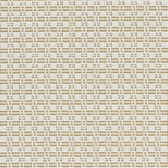Outdoor broadloom carpet swatch in a dimensional grid weave in white and gold.