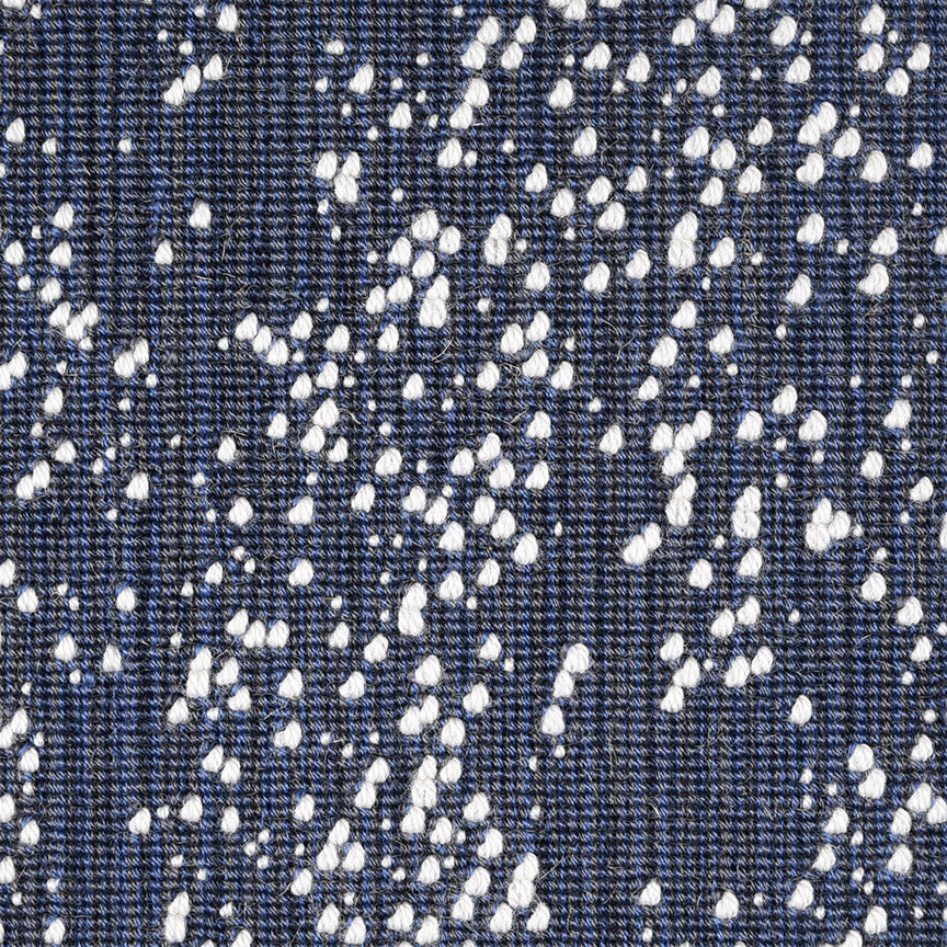 Wool broadloom carpet swatch in an irregular looped weave in black and navy with white accents.