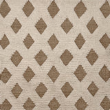 Rug swatch with a repeating tan diamond pattern on a high-pile white field.