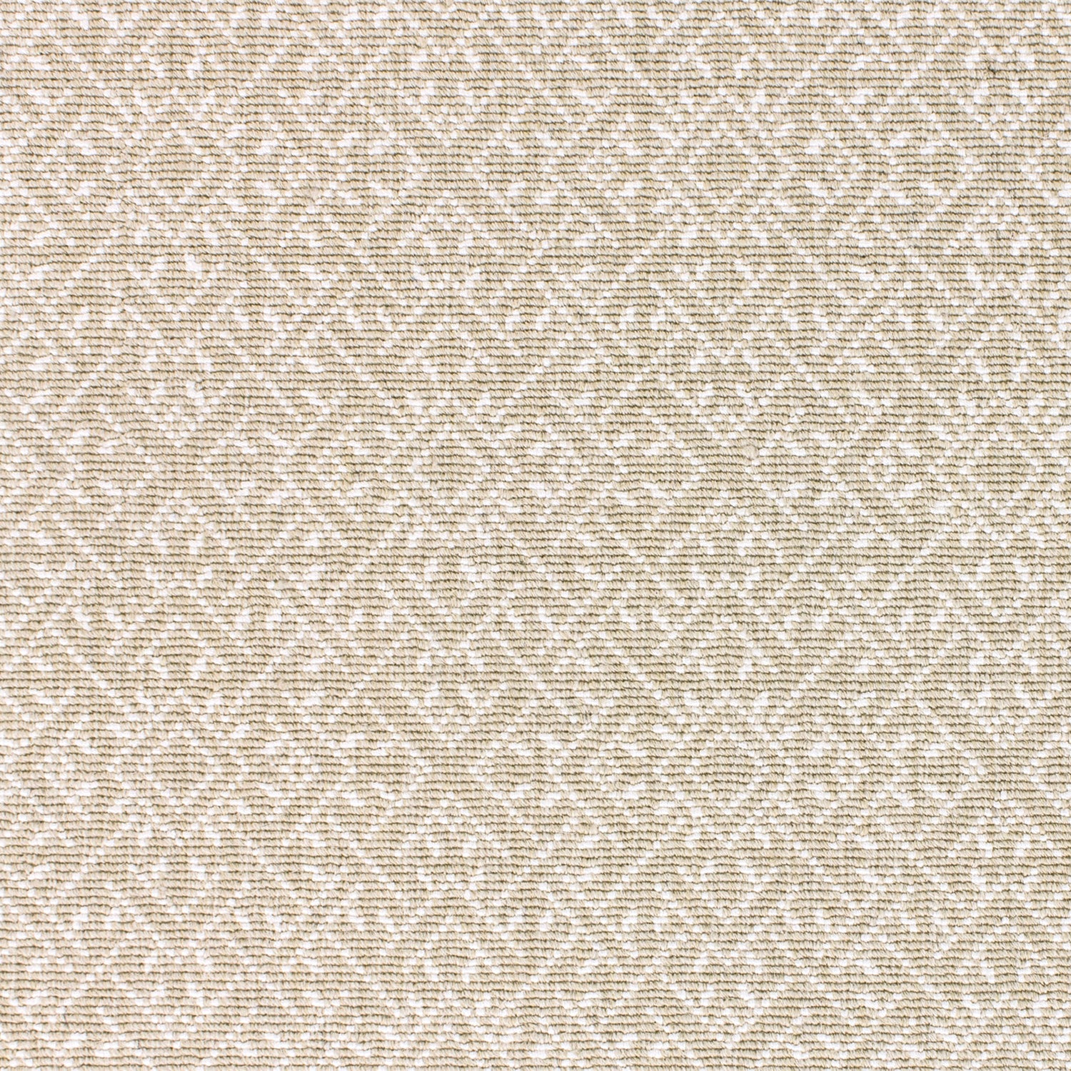 Wool-nylon broadloom carpet swatch in a geometric lattice print in cream and tan.