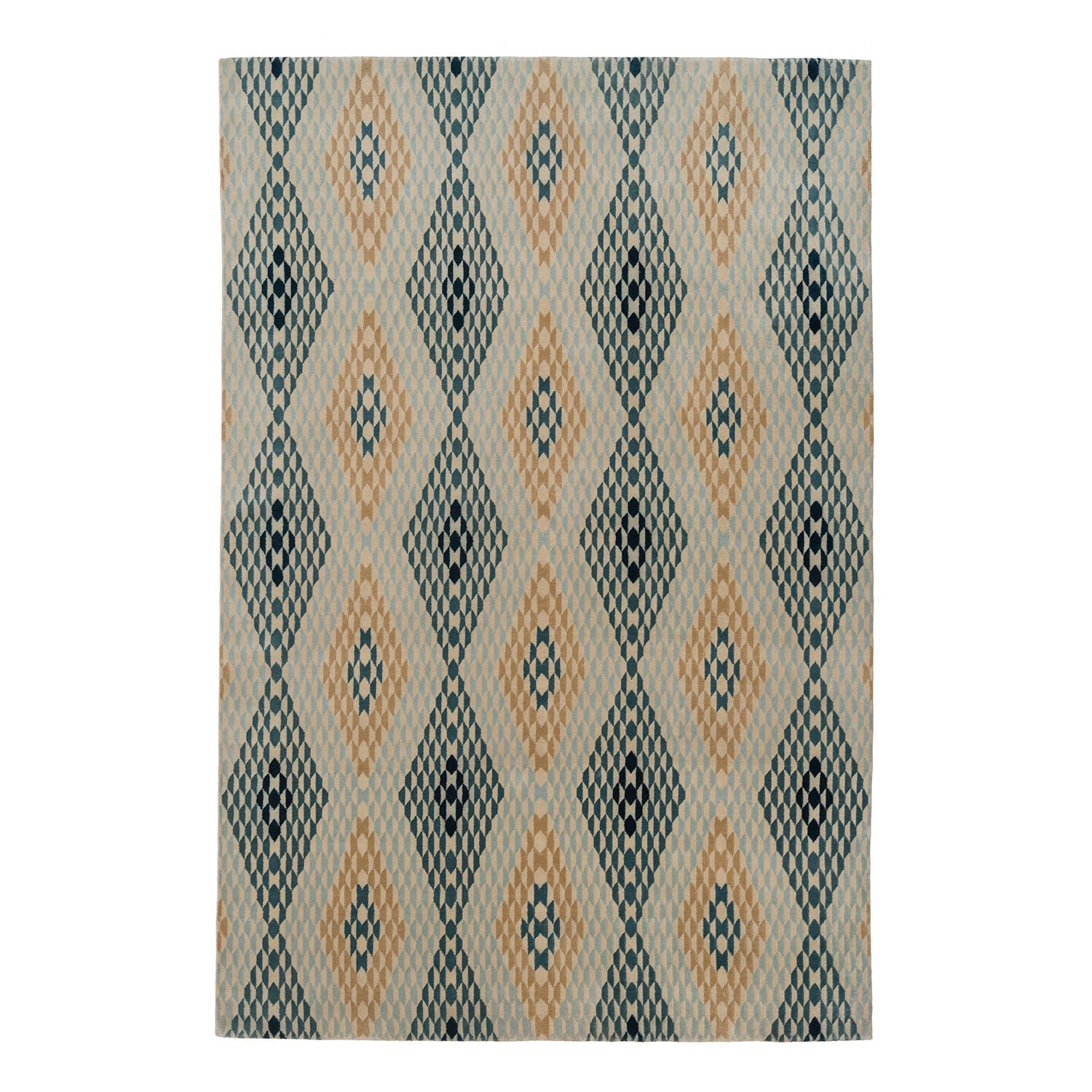 Ridder Diamond featuring a repeating graphic diamond motif made from smaller trapezoid shapes in light blue, teal, tan and ivory.