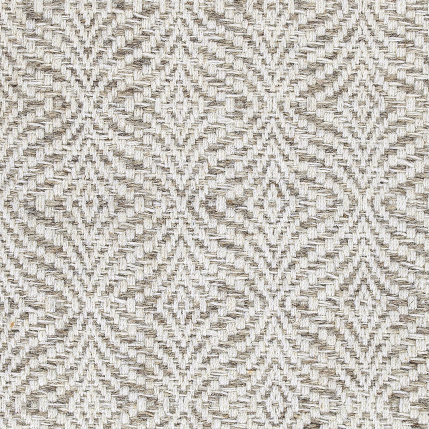 Wool broadloom carpet swatch in a dense diamond stripe pattern in white on a mottled taupe field.
