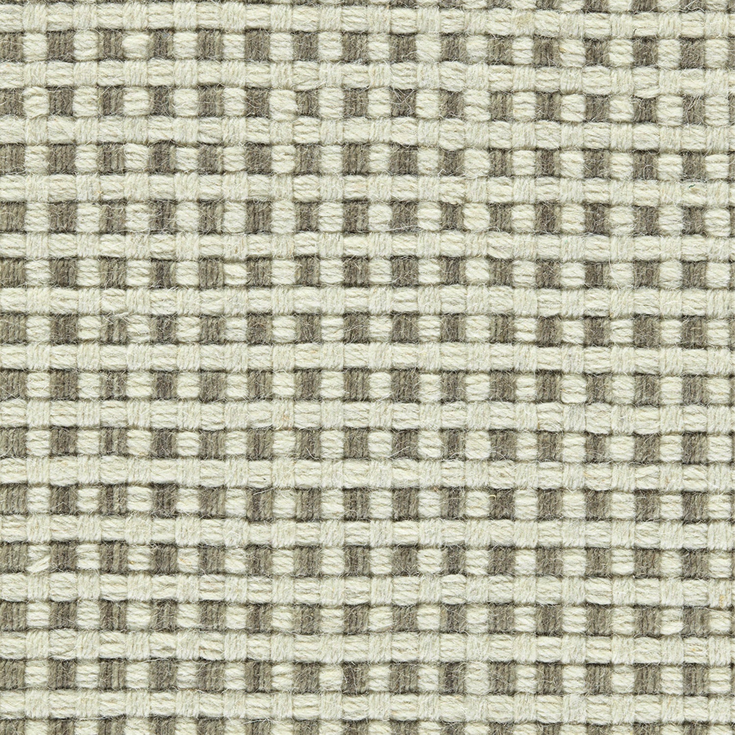 Wool broadloom carpet swatch in a flat grid weave in cream and taupe.