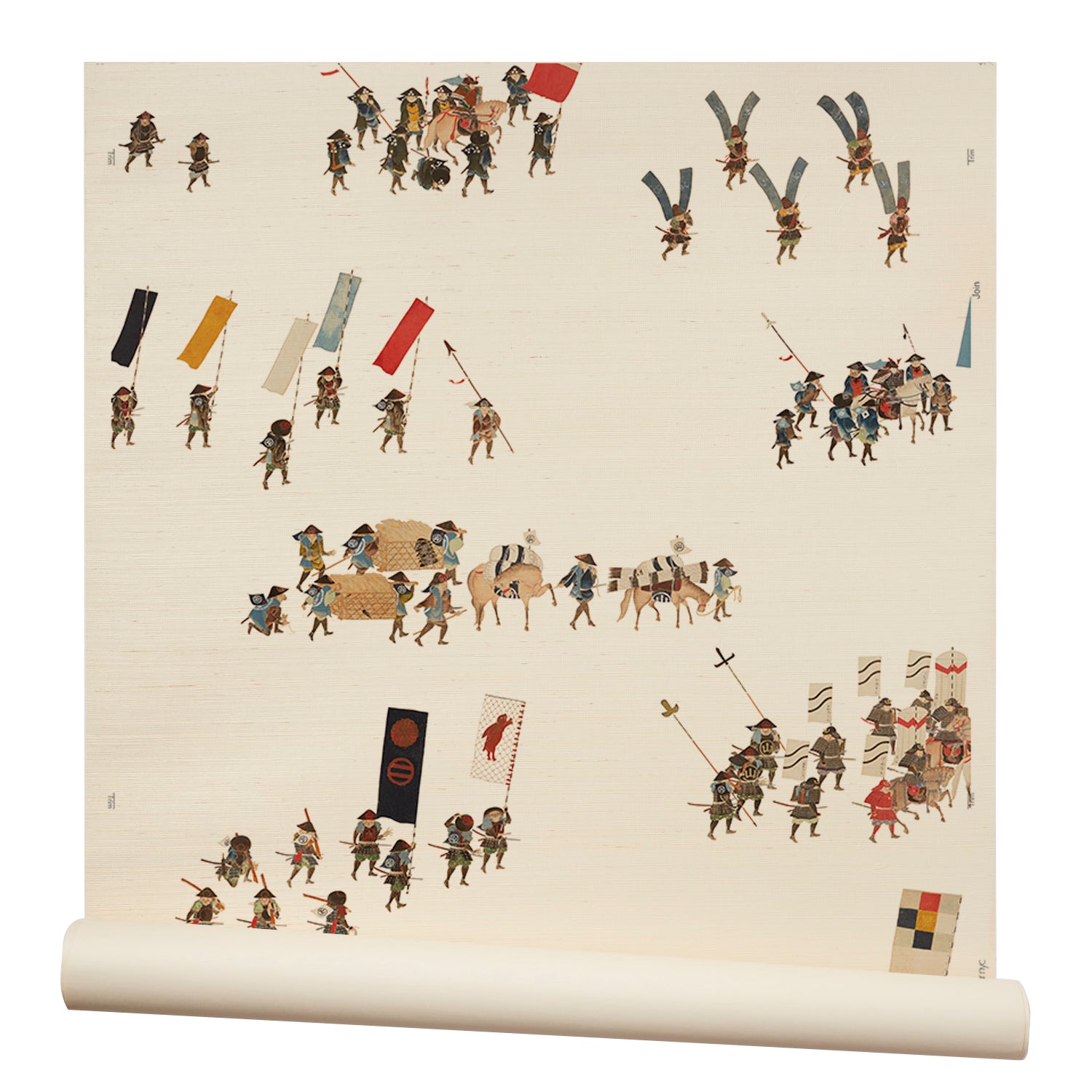 A roll of wallpaper in a design replicating 19th-century Japanese prints with a pattern of soldiers and horses carrying spears and flags.