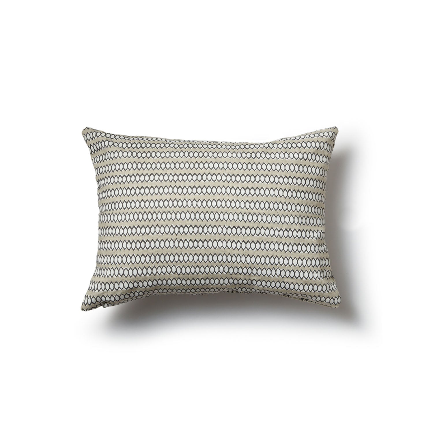 Rectangular throw pillow in a striped pattern of hand-drawn white and brown honeycomb shapes on a tan background.