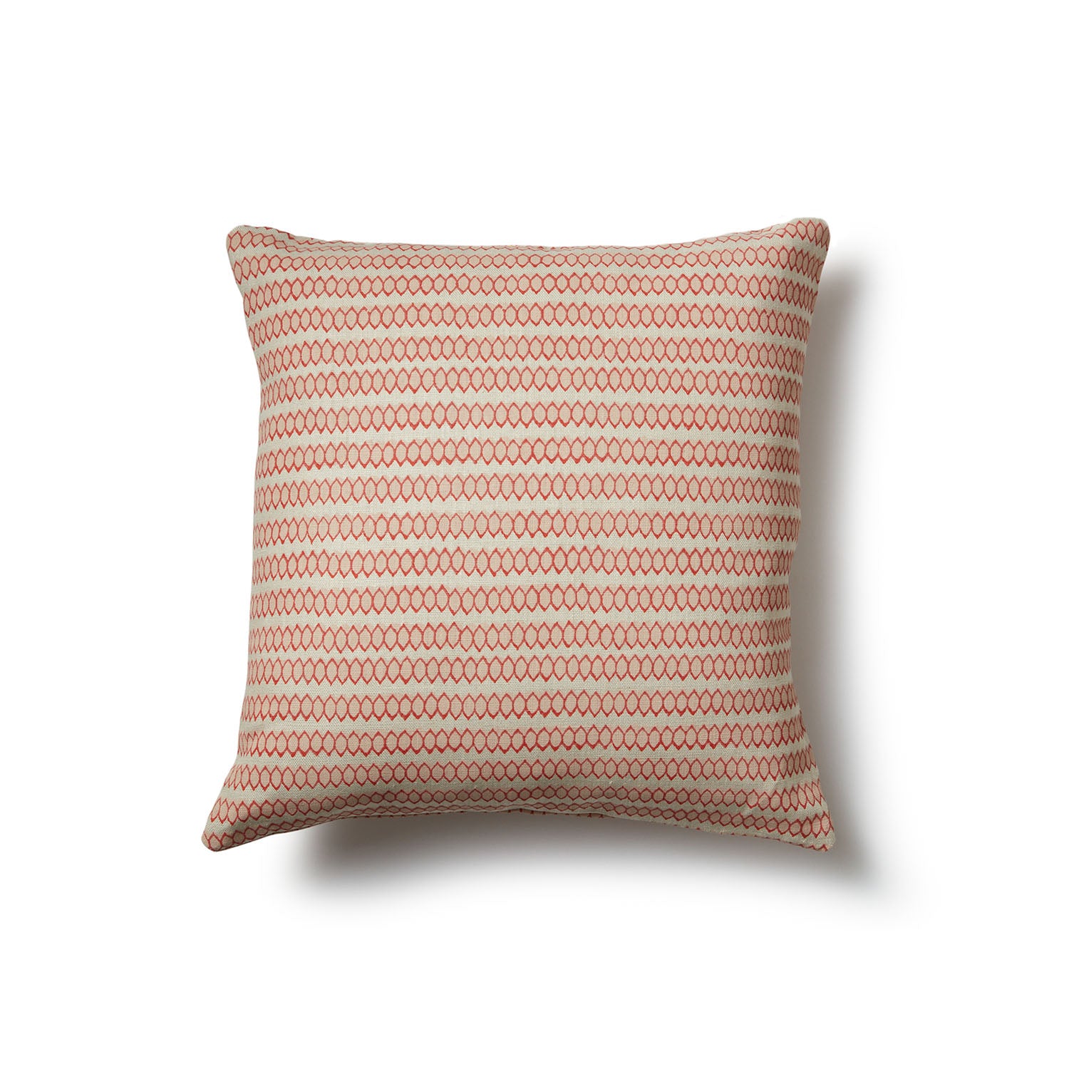 Square throw pillow in a striped pattern of hand-drawn red and pink honeycomb shapes on a cream background.