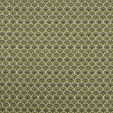 Swatch of fabric with a repeating Japanese-inspired scalloped pattern in shades of green, sage and tan.
