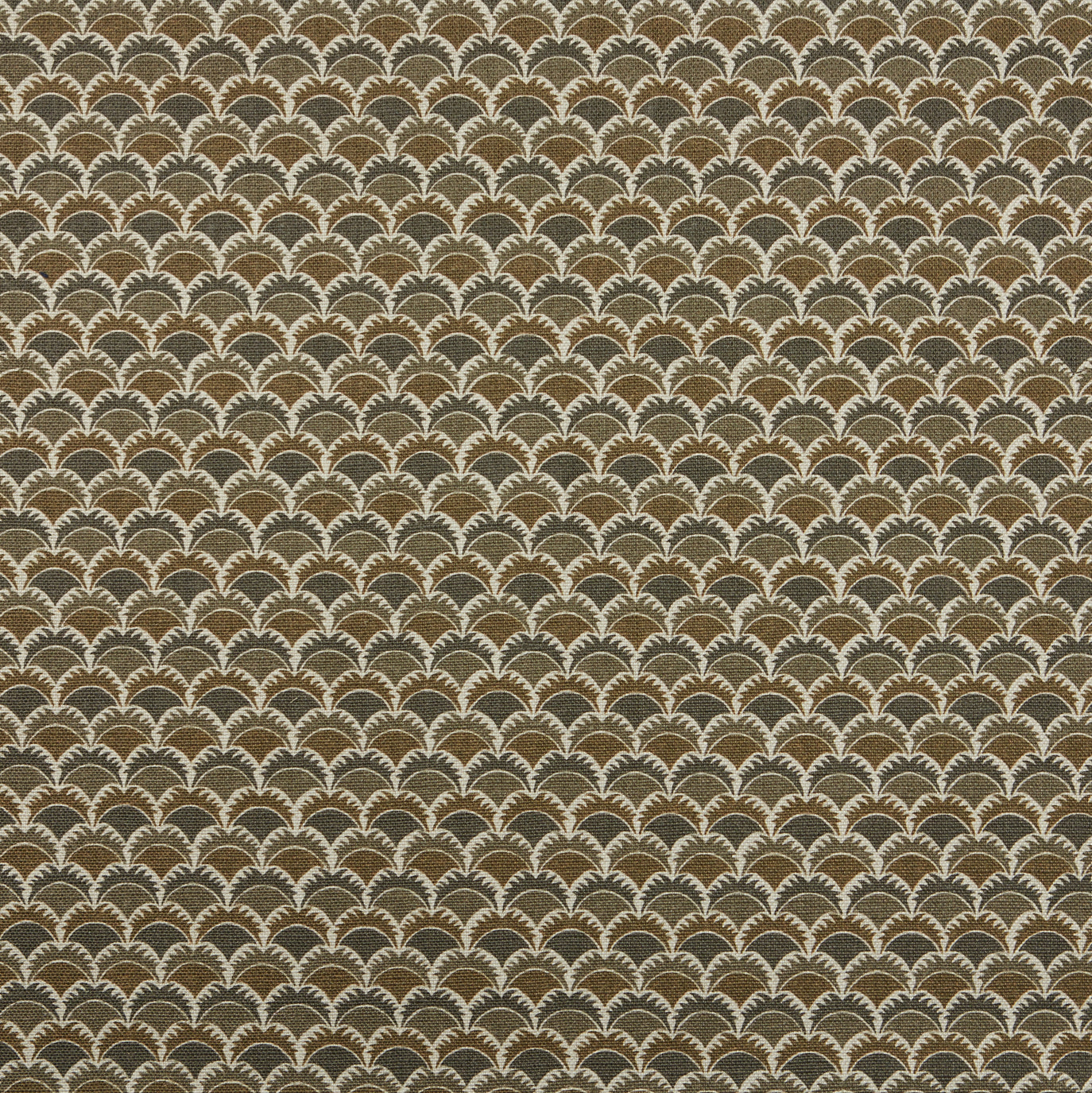 Swatch of fabric with a repeating Japanese-inspired scalloped pattern in shades of brown and tan.