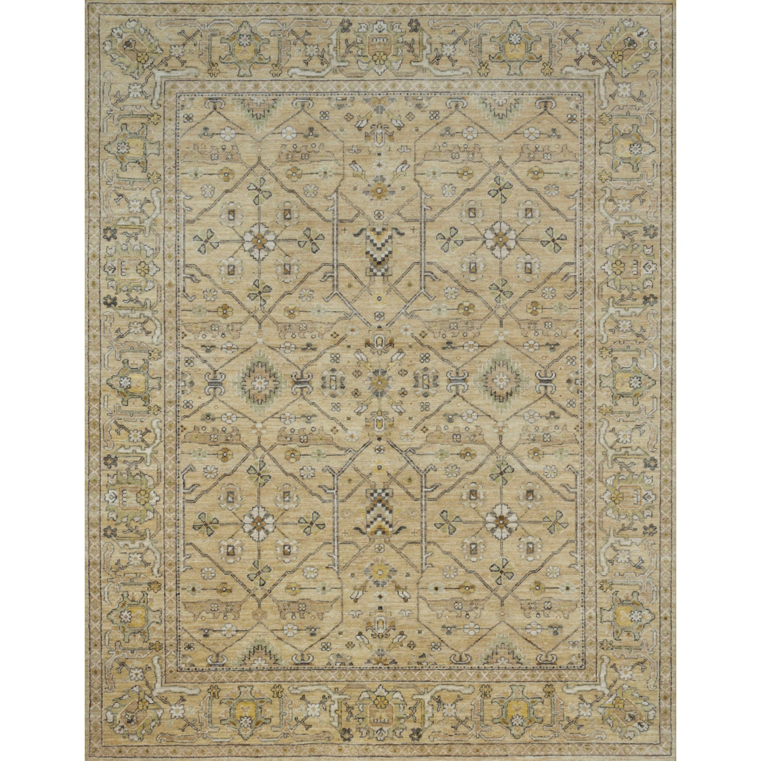 Large rectangular rug in a repeating geometric print with a floral border in shades of cream, gold and brown.